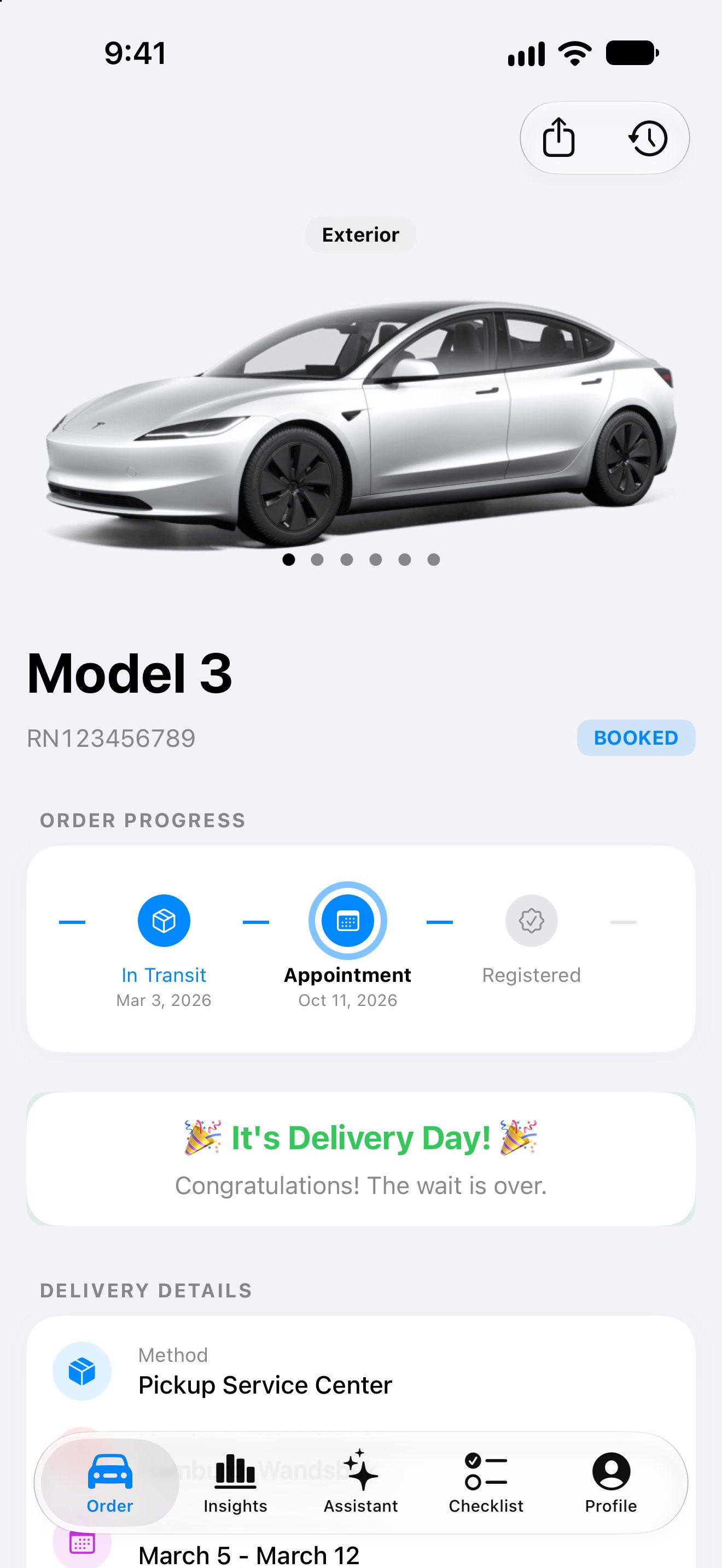 Model 3 order progress, delivery window, and delivery details in the iPhone app